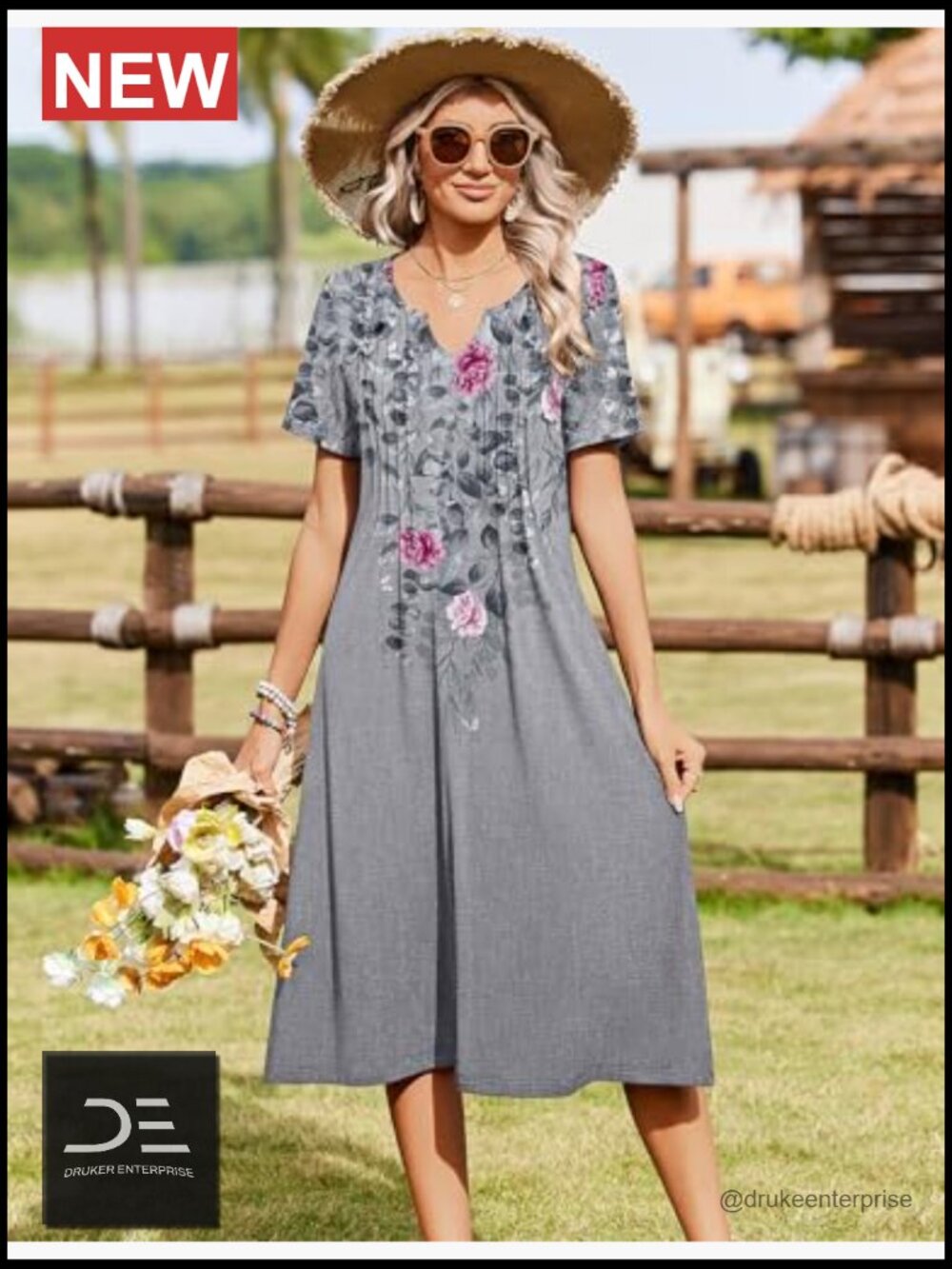 Casual Short Sleeve A-Line Midi Dress with Pockets Flowy Pleated T-Shirt - Picture 6 of 7
